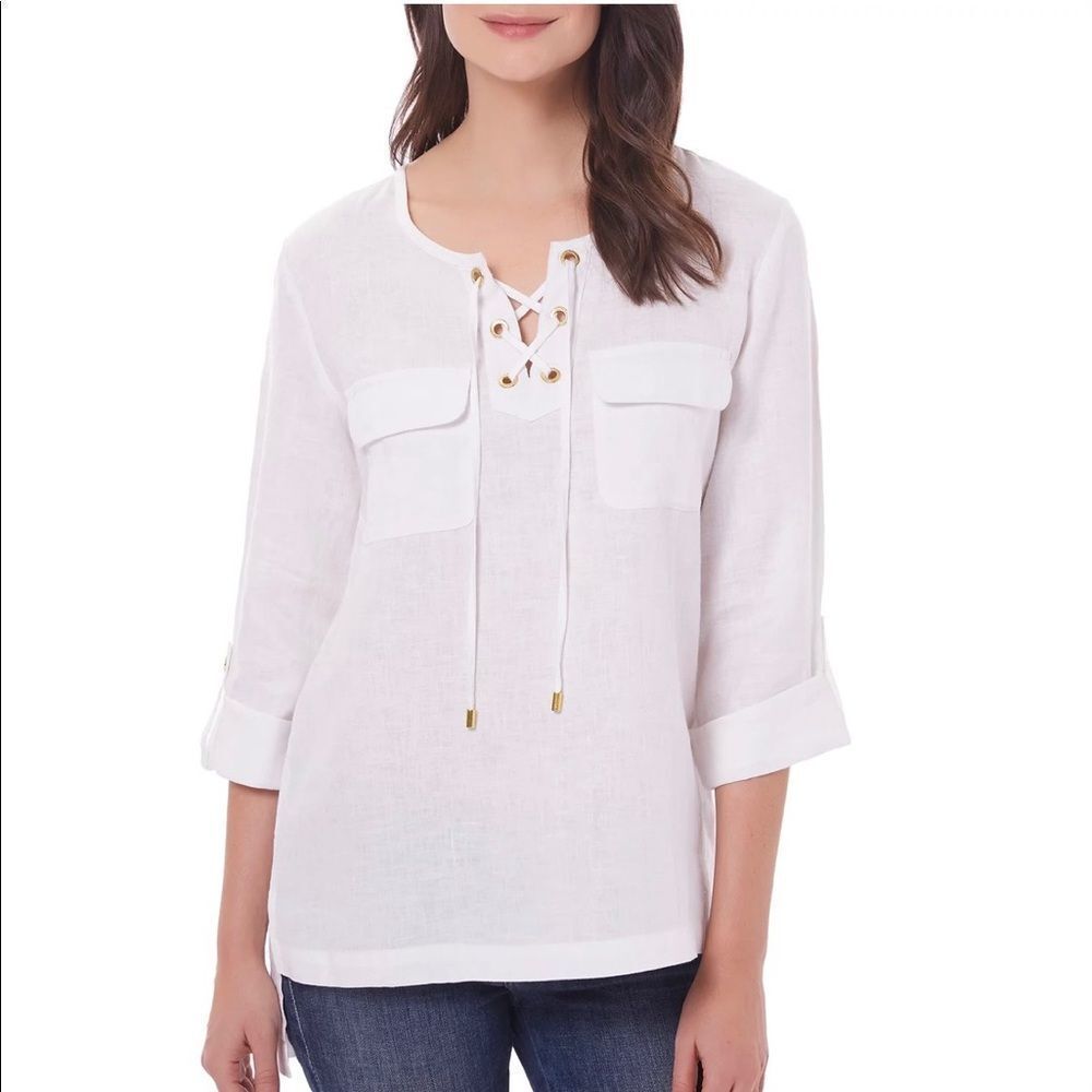 Linen Shirt Lace Up Front Tunic Top White Lace Up Front  Blouse Size L